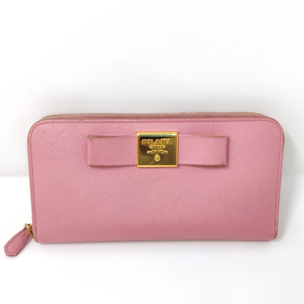 Prada Pink Saffiano Bow Zip Wallet with Gold Plaque Auth